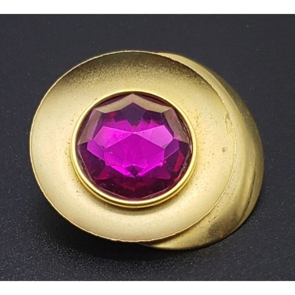 Purple Pink Sparkly Rhinestone Brooch Pin Gold Tone Layered Vintage Unique!